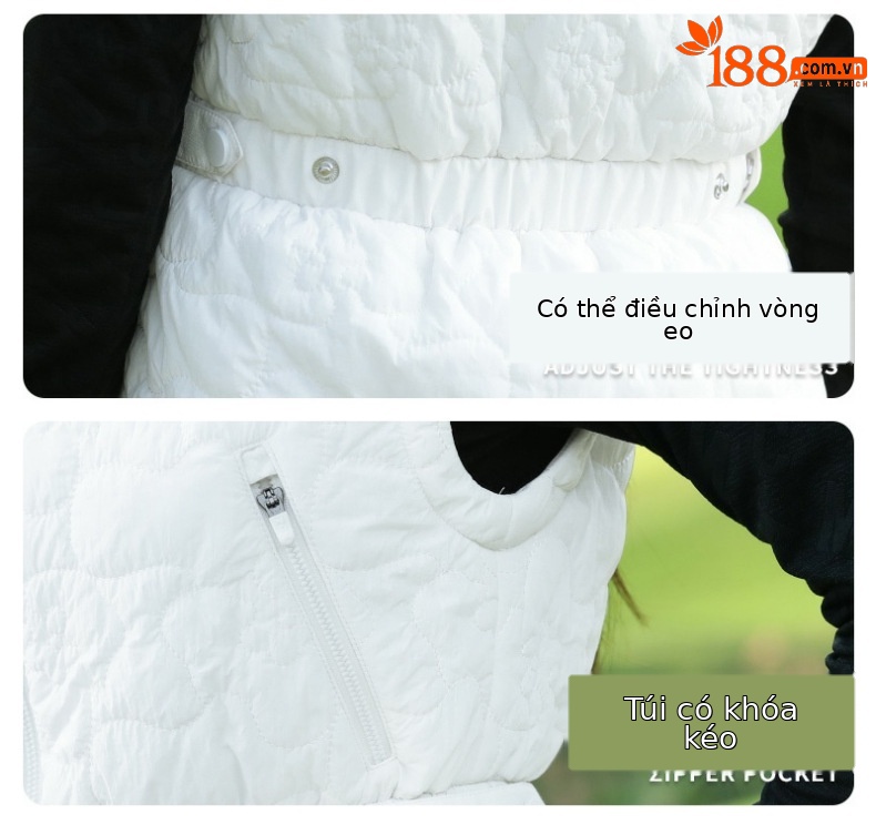 Áo vest khoác nữ thể thao golf chần bông cổ đứng khóa kéo — Áo vest trắng [eo có thể điều chỉnh/cổ áo đứng có khóa kéo/lót chần bông] YF856 chi tiết 6