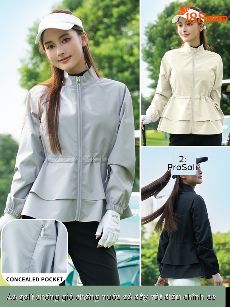 Áo khoác golf nữ cổ đứng, viền lông, dây kéo, chống gió chống thấm — Áo khoác màu xám [vải chống gió/chống thấm nước và chống văng/dây thắt lưng có thể điều chỉnh] YF844