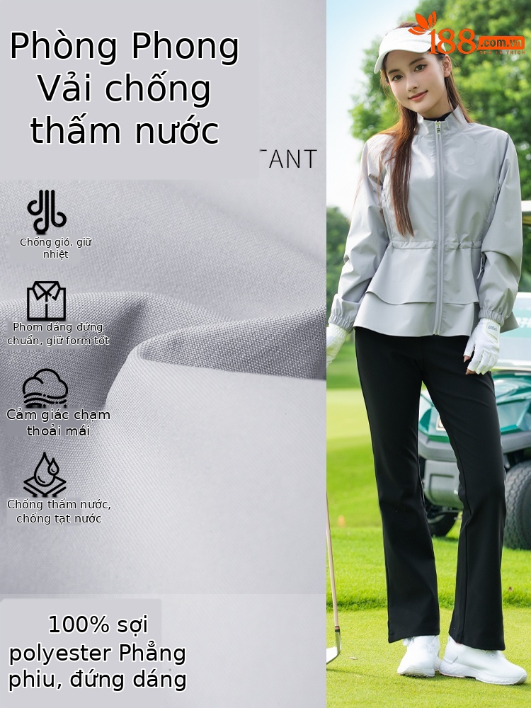 Áo khoác golf nữ cổ đứng, viền lông, dây kéo, chống gió chống thấm — Áo khoác màu xám [vải chống gió/chống thấm nước và chống văng/dây thắt lưng có thể điều chỉnh] YF844