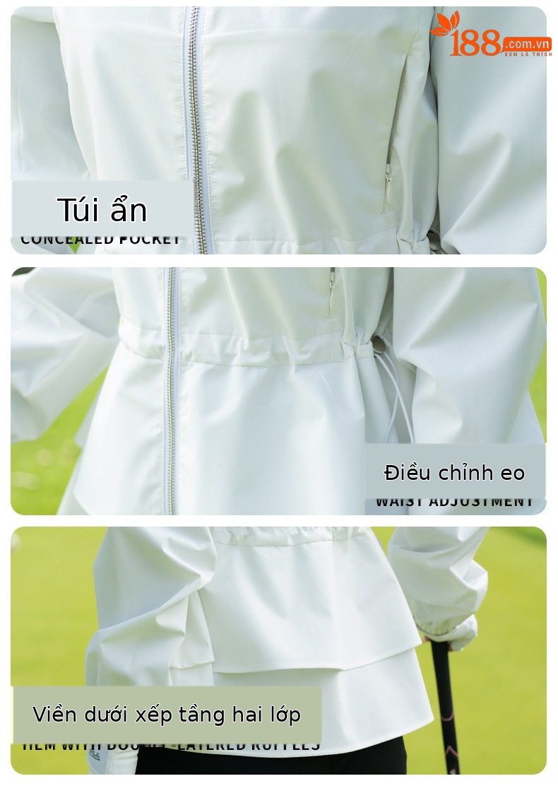 Áo khoác golf nữ cổ đứng, viền lông, dây kéo, chống gió chống thấm — Áo khoác màu xám [vải chống gió/chống thấm nước và chống văng/dây thắt lưng có thể điều chỉnh] YF844 chi tiết 6