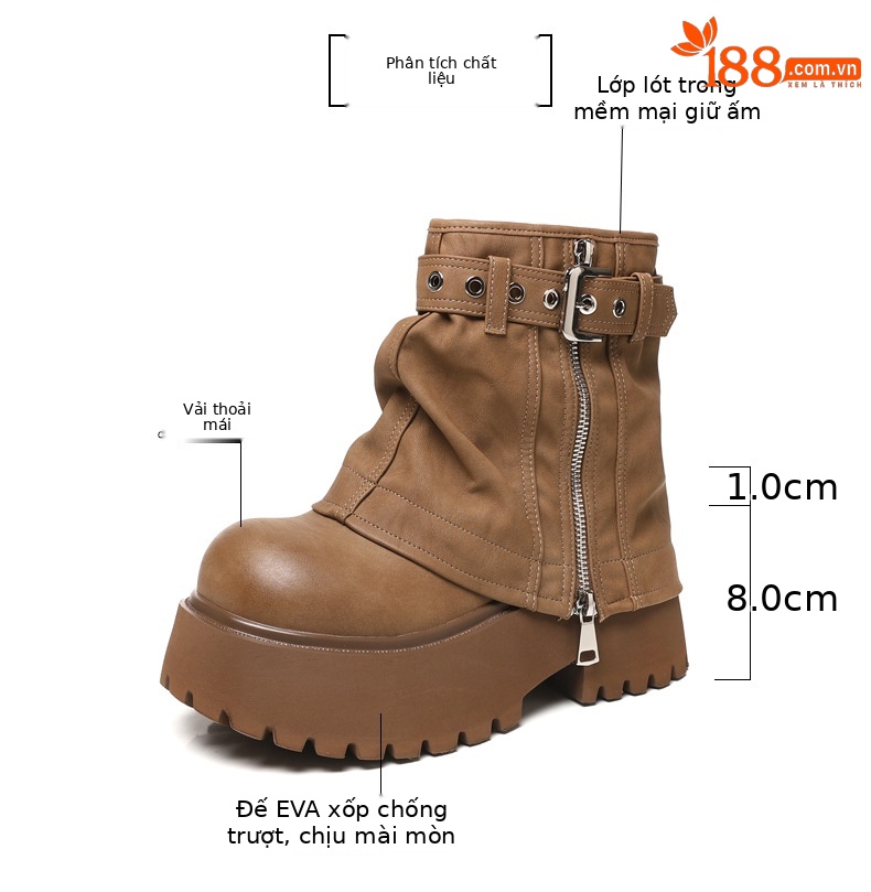 Giày boot nữ cổ thấp đế dày tăng chiều cao phong cách thường ngày — màu đen chi tiết 3