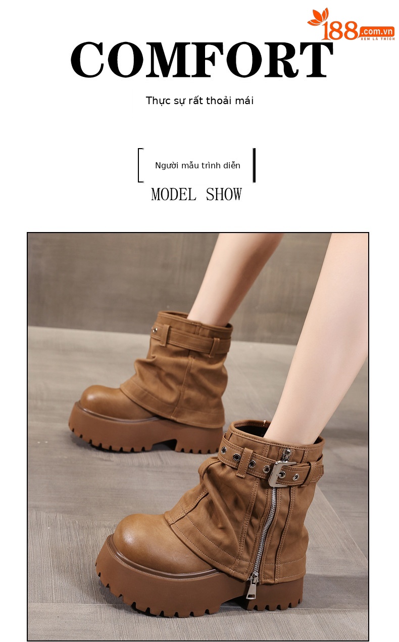 Giày boot nữ cổ thấp đế dày tăng chiều cao phong cách thường ngày — màu đen chi tiết 9