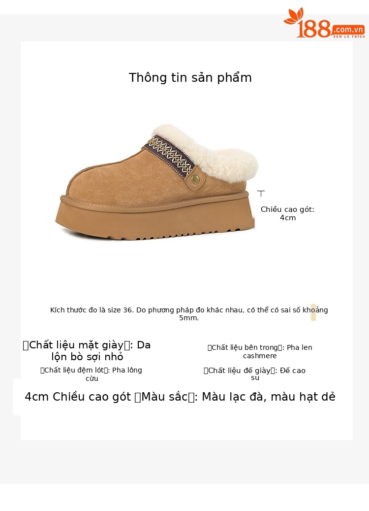 Giày bốt tuyết đế dày nữ mũi tròn lót lông cừu ấm áp kiểu dép nửa Birkenstock — con lạc đà chi tiết 5
