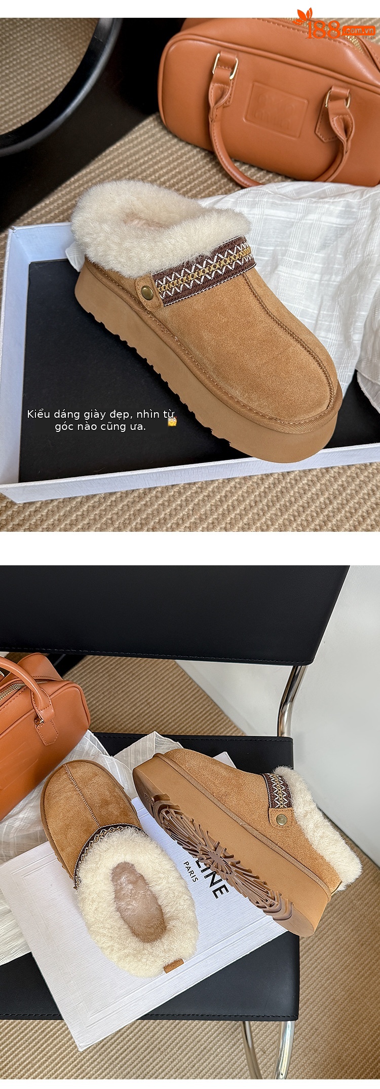 Giày bốt tuyết đế dày nữ mũi tròn lót lông cừu ấm áp kiểu dép nửa Birkenstock — con lạc đà chi tiết 9