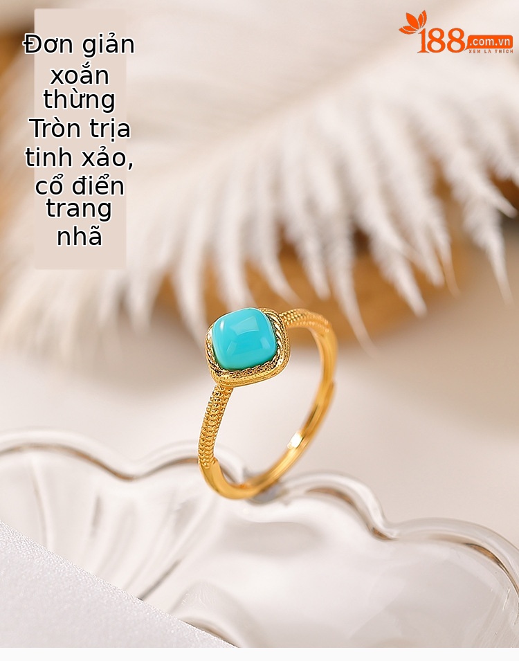Nhẫn bạc S925 mạ vàng đính đá xanh ngọc lam họa tiết xoắn thừng hình học — một mảnh chi tiết 1