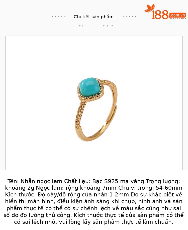 Nhẫn bạc S925 mạ vàng đính đá xanh ngọc lam họa tiết xoắn thừng hình học — một mảnh chi tiết 2