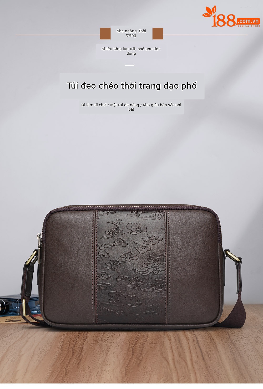 Túi đeo chéo nam da bò retro cổ điển 2025 chi tiết 1