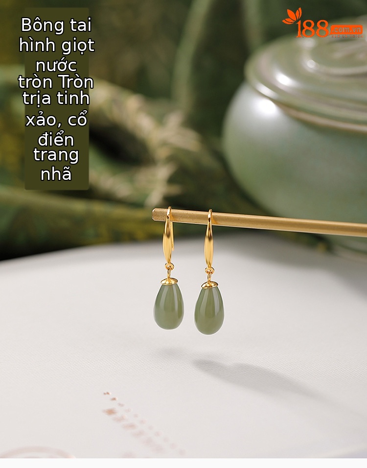 Khuyên tai nữ bạc S925 mạ vàng đính đá sodalite hình giọt nước phong cách cổ điển — Mẫu bạc chi tiết 2