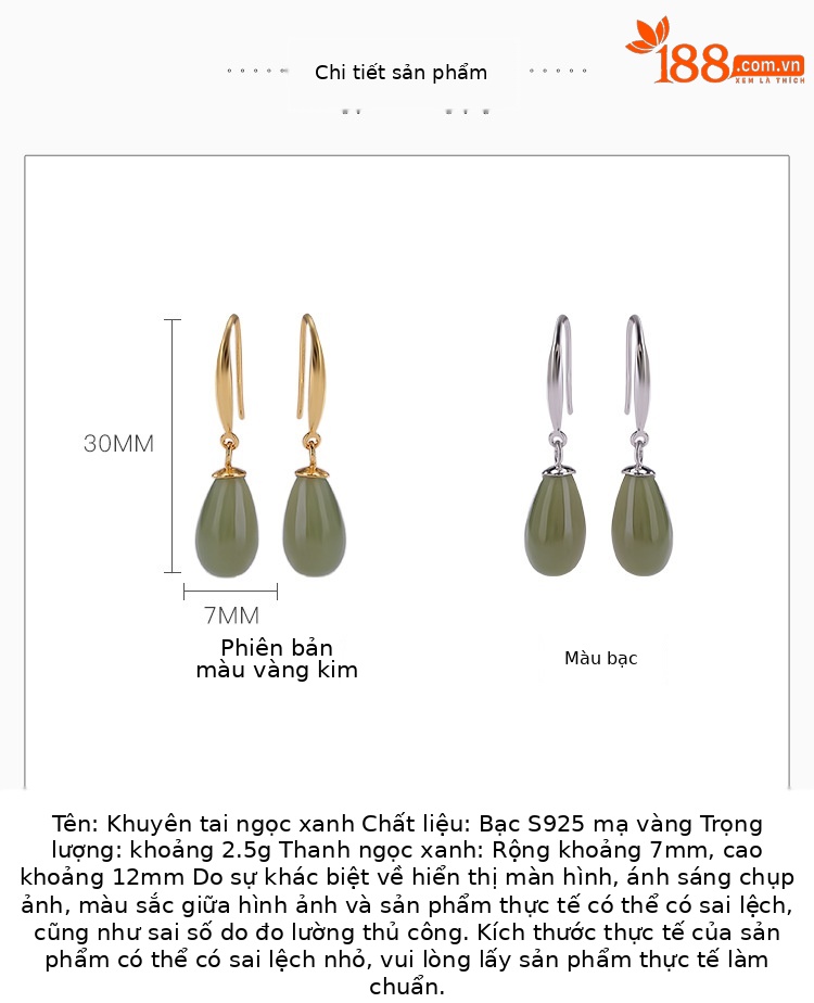Khuyên tai nữ bạc S925 mạ vàng đính đá sodalite hình giọt nước phong cách cổ điển — Mẫu bạc chi tiết 3