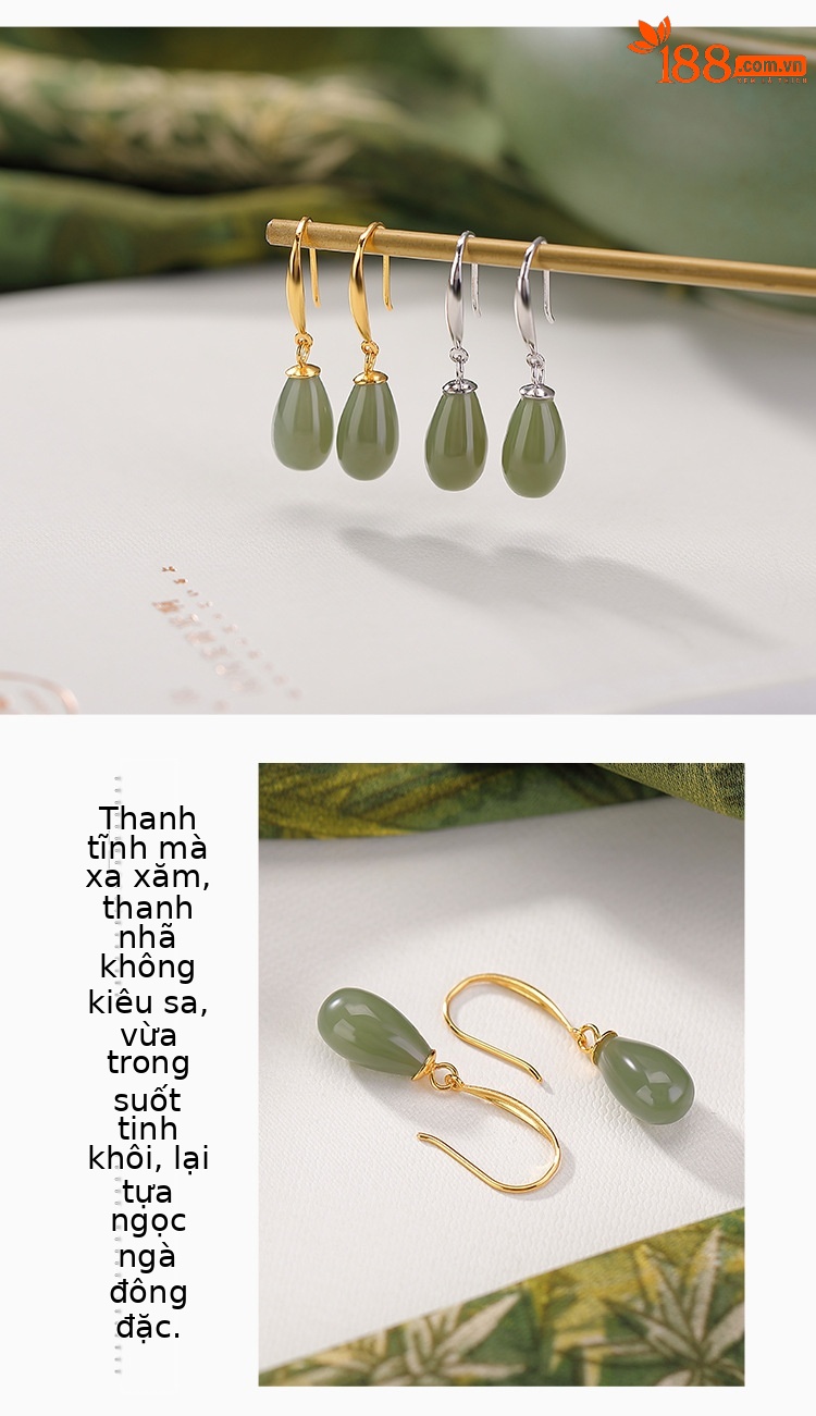 Khuyên tai nữ bạc S925 mạ vàng đính đá sodalite hình giọt nước phong cách cổ điển — Mẫu bạc chi tiết 4