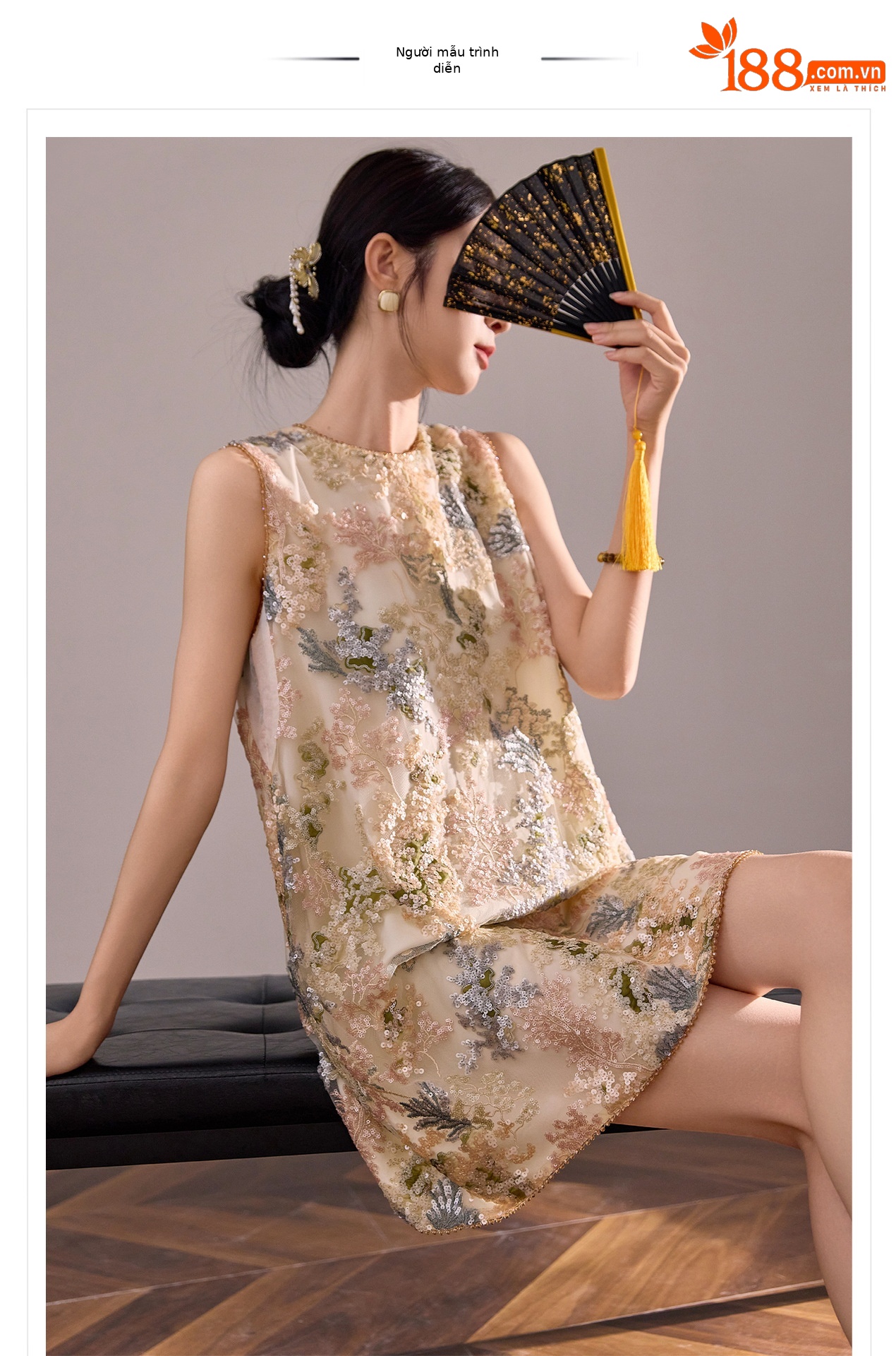 Đầm suông nữ midi tân cổ điển không tay, thêu đính cườm sequin, form chữ A — màu mơ chi tiết 1