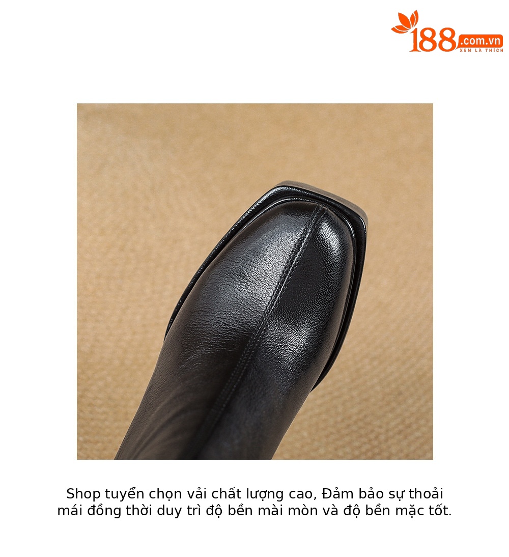 Boot nữ cổ thấp mũi vuông gót vuông cao 9 cm, đế platform, lót nhung ấm mùa thu đông — Lớp lót nhung đen chi tiết 19