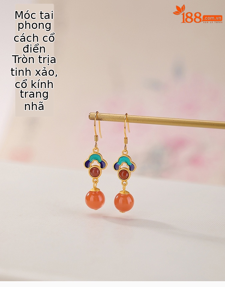 Khuyên tai dài nam bạc S925 mạ vàng nước đỏ mã não đỏ men cloisonné họa tiết Xiangyun — Một cặp chi tiết 1