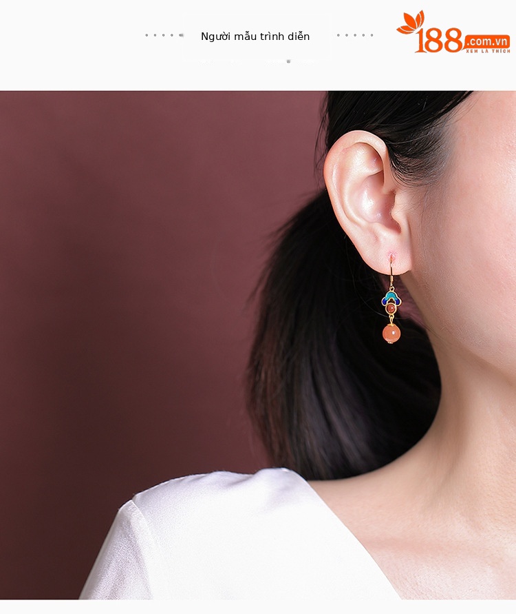 Khuyên tai dài nam bạc S925 mạ vàng nước đỏ mã não đỏ men cloisonné họa tiết Xiangyun — Một cặp chi tiết 3