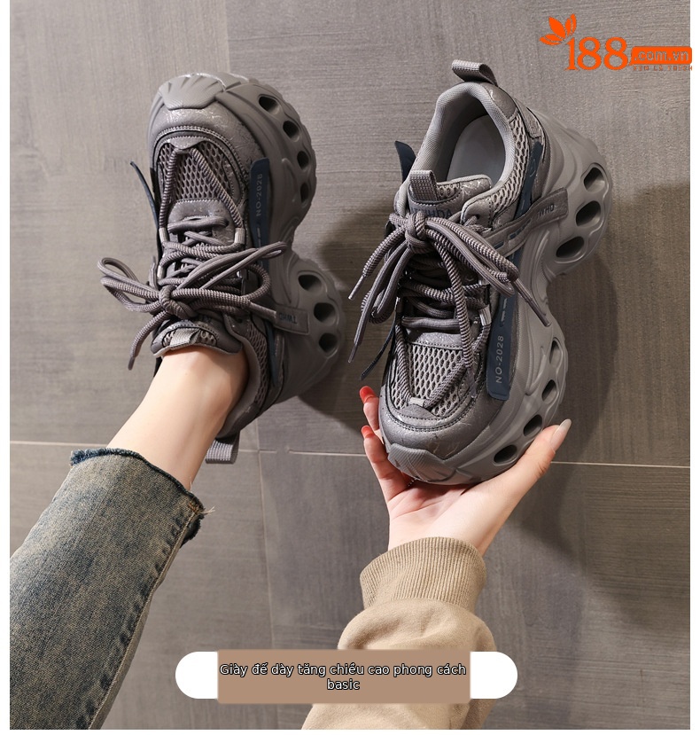Giày sneaker nữ đế dày tăng chiều cao kiểu lỗ thời thượng — màu đen chi tiết 1