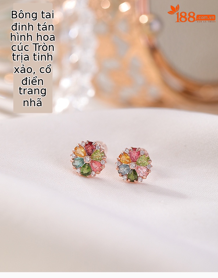 Bông tai bạc S925 mạ vàng hồng đính tourmaline hình hoa cúc ánh sáng — một cặp chi tiết 1