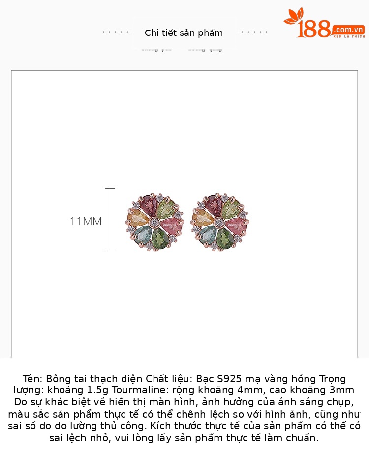 Bông tai bạc S925 mạ vàng hồng đính tourmaline hình hoa cúc ánh sáng — một cặp chi tiết 2