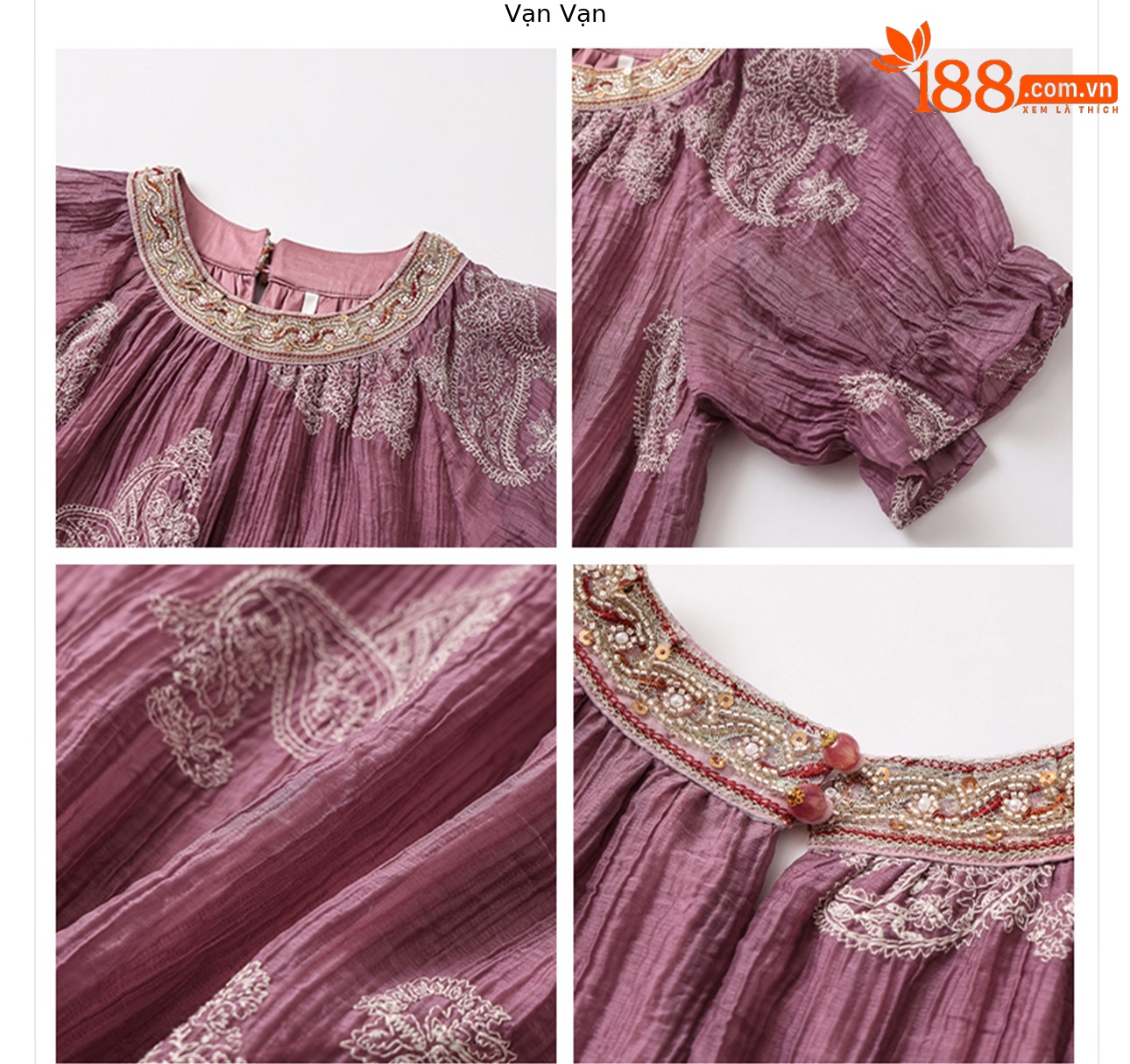 Đầm maxi nữ thêu họa tiết Chinoiserie cao cấp phong cách mới — Tím chi tiết 17