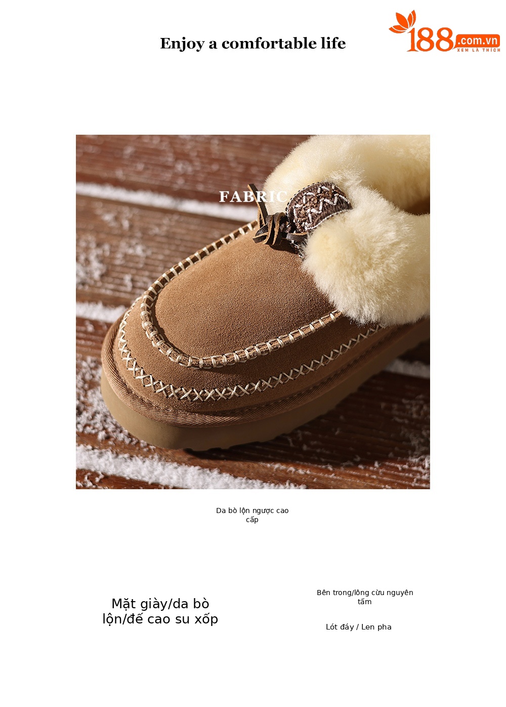 Boot tuyết nữ da cừu liền thân lót lông dày giữ ấm đế dày 4 cm — con linh dương màu nâu chi tiết 3
