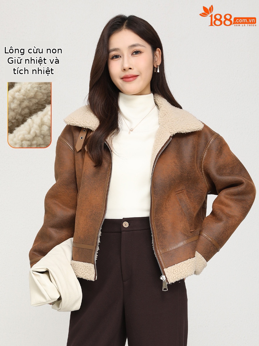 Áo khoác giả da lộn cổ đứng nữ mùa đông dày dặn lông cừu ngắn một mảnh — Màu nâu kaki