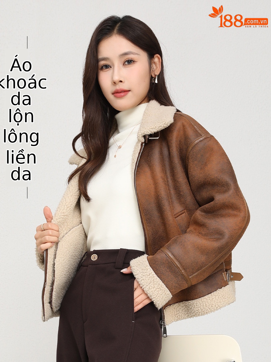 Áo khoác giả da lộn cổ đứng nữ mùa đông dày dặn lông cừu ngắn một mảnh — Màu nâu kaki