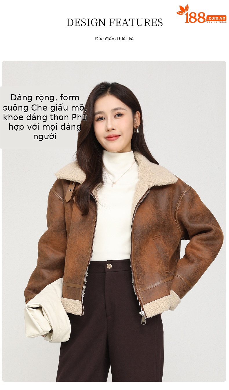 Áo khoác giả da lộn cổ đứng nữ mùa đông dày dặn lông cừu ngắn một mảnh — Màu nâu kaki chi tiết 5