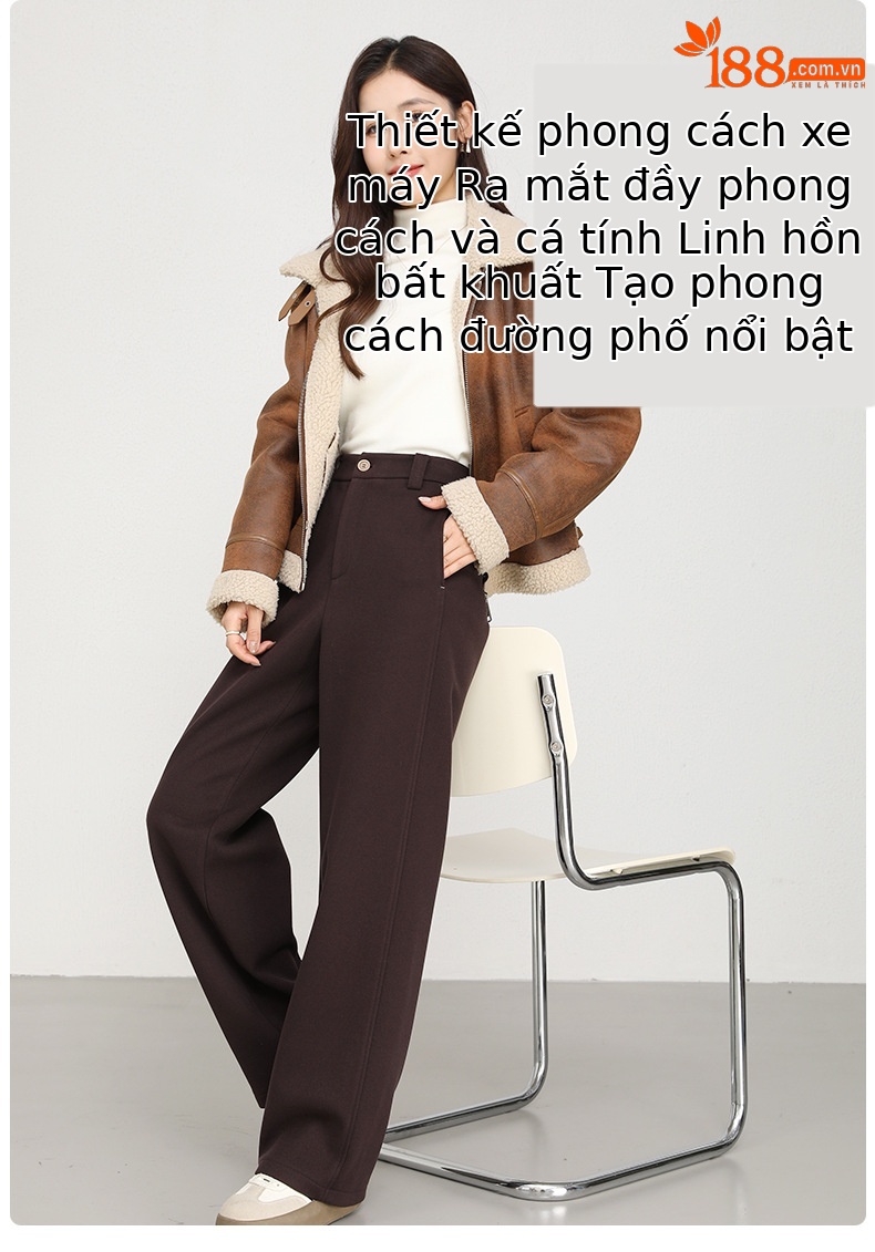 Áo khoác giả da lộn cổ đứng nữ mùa đông dày dặn lông cừu ngắn một mảnh — Màu nâu kaki chi tiết 6