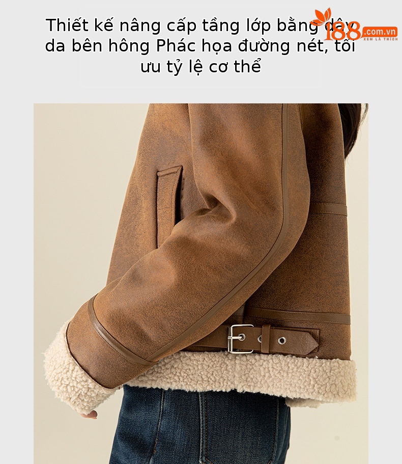 Áo khoác giả da lộn cổ đứng nữ mùa đông dày dặn lông cừu ngắn một mảnh — Màu nâu kaki chi tiết 8