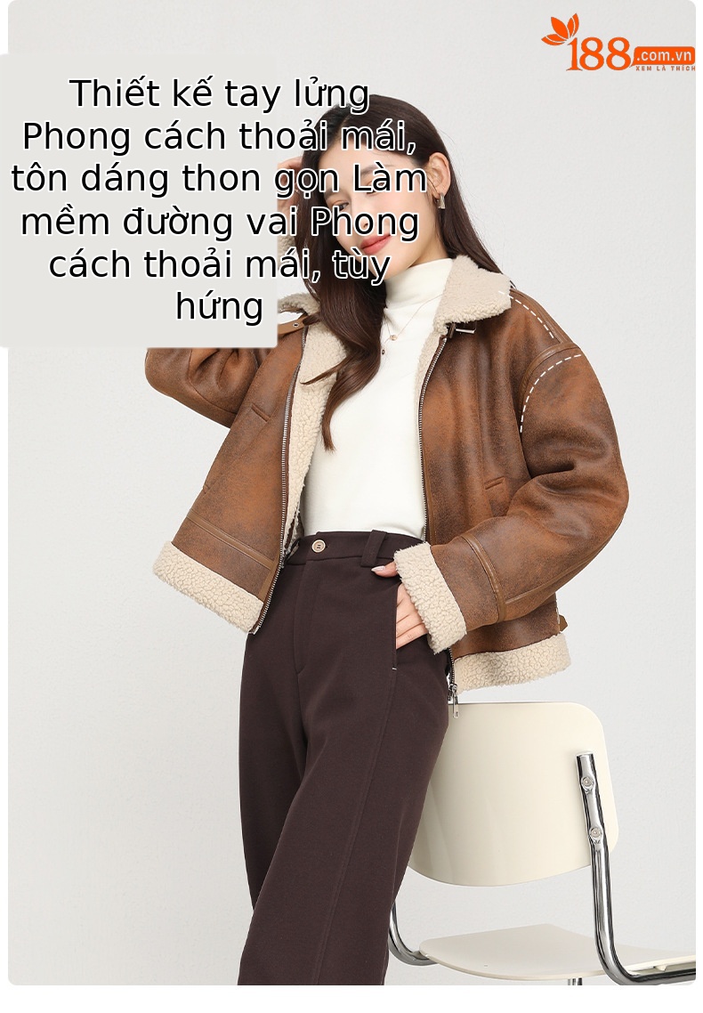 Áo khoác giả da lộn cổ đứng nữ mùa đông dày dặn lông cừu ngắn một mảnh — Màu nâu kaki chi tiết 10