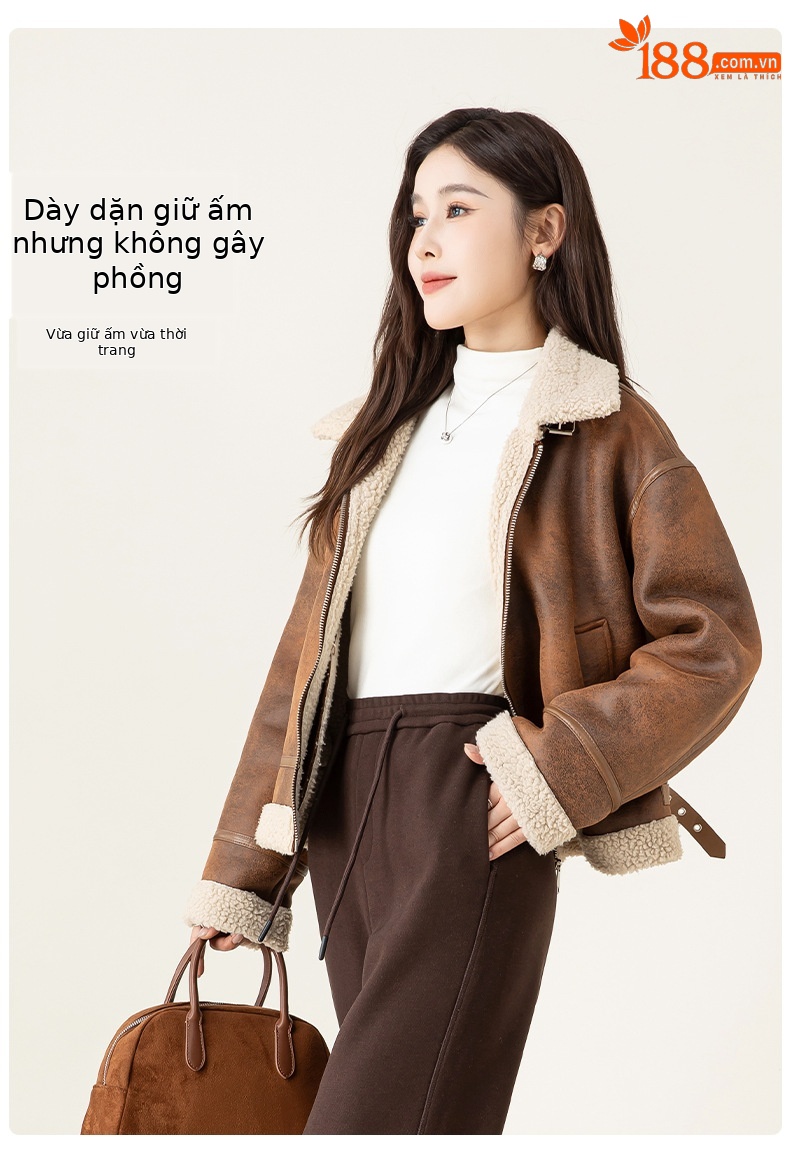 Áo khoác giả da lộn cổ đứng nữ mùa đông dày dặn lông cừu ngắn một mảnh — Màu nâu kaki chi tiết 12
