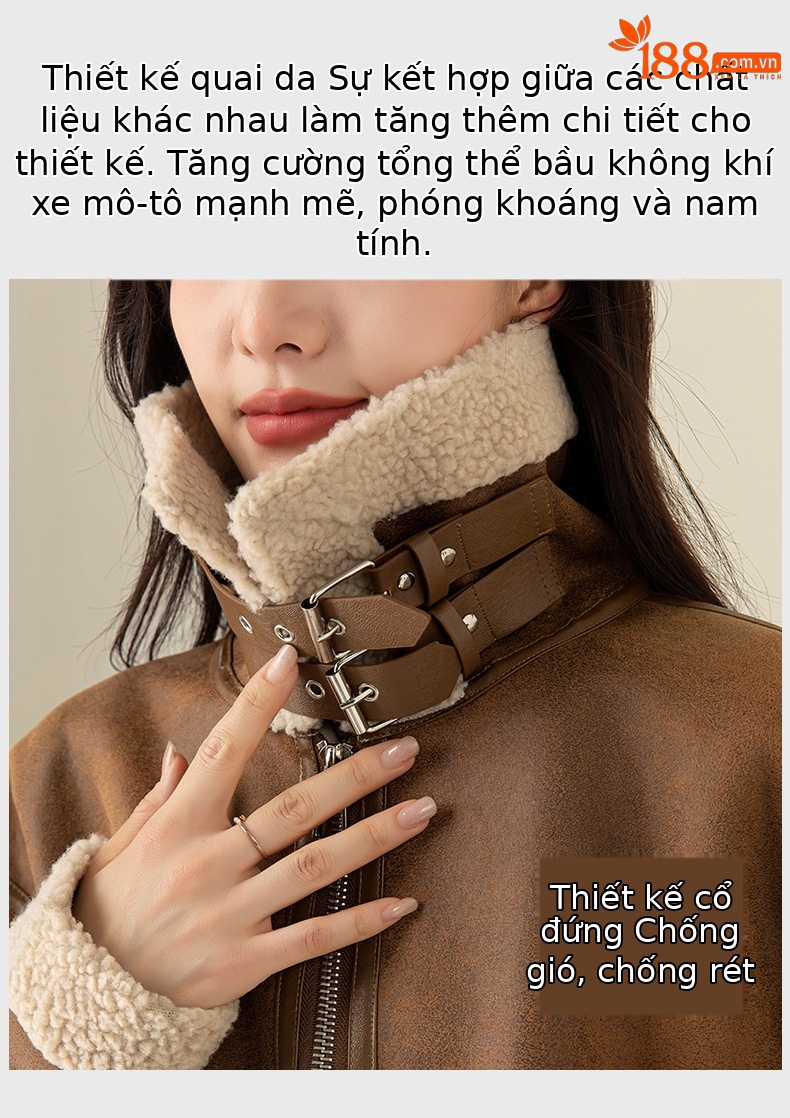 Áo khoác giả da lộn cổ đứng nữ mùa đông dày dặn lông cừu ngắn một mảnh — Màu nâu kaki chi tiết 7