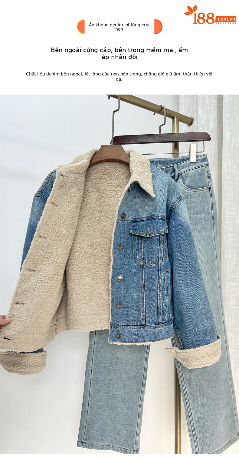 Áo khoác denim lót lông cừu dày dáng rộng cho nữ mùa thu đông — màu xanh gradient chi tiết 1