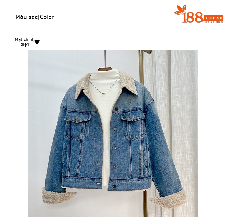 Áo khoác denim lót lông cừu dày dáng rộng cho nữ mùa thu đông — màu xanh gradient chi tiết 6
