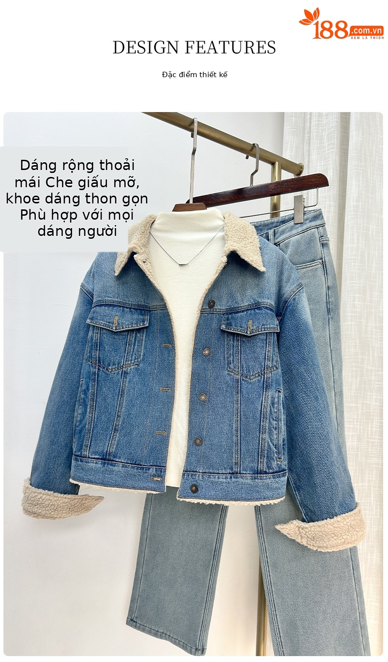 Áo khoác denim lót lông cừu dày dáng rộng cho nữ mùa thu đông — màu xanh gradient chi tiết 8
