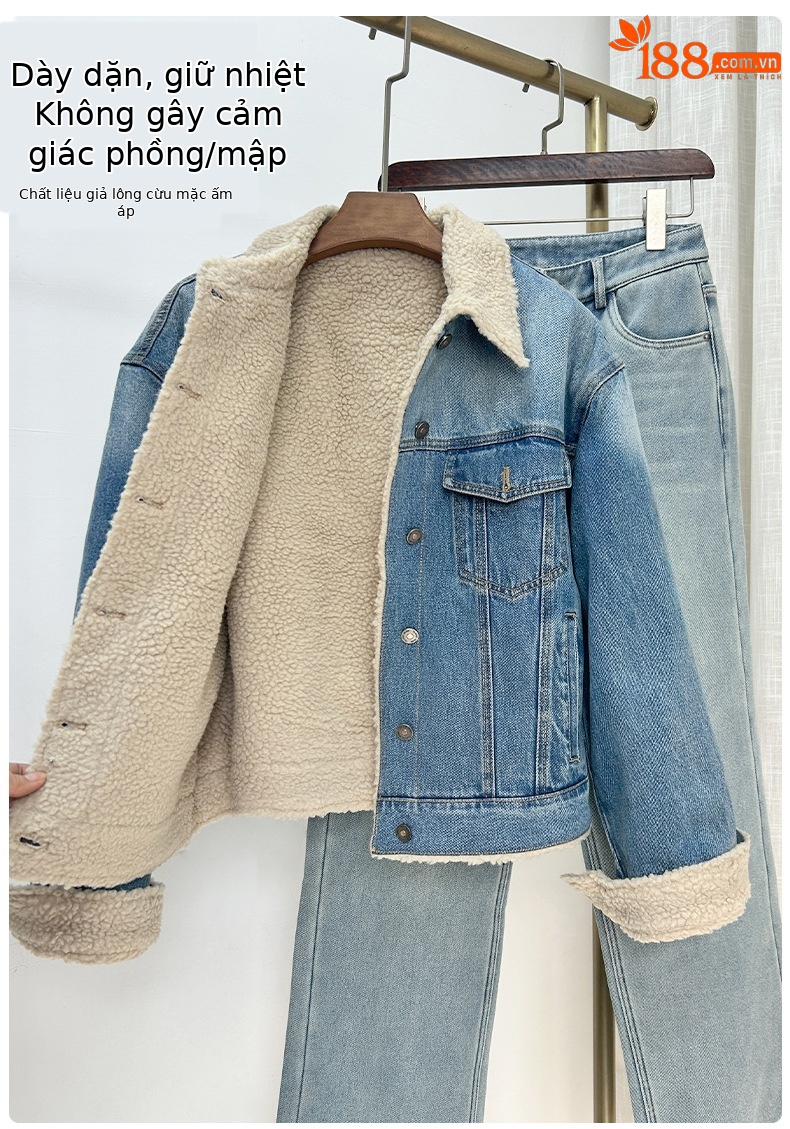 Áo khoác denim lót lông cừu dày dáng rộng cho nữ mùa thu đông — màu xanh gradient chi tiết 9