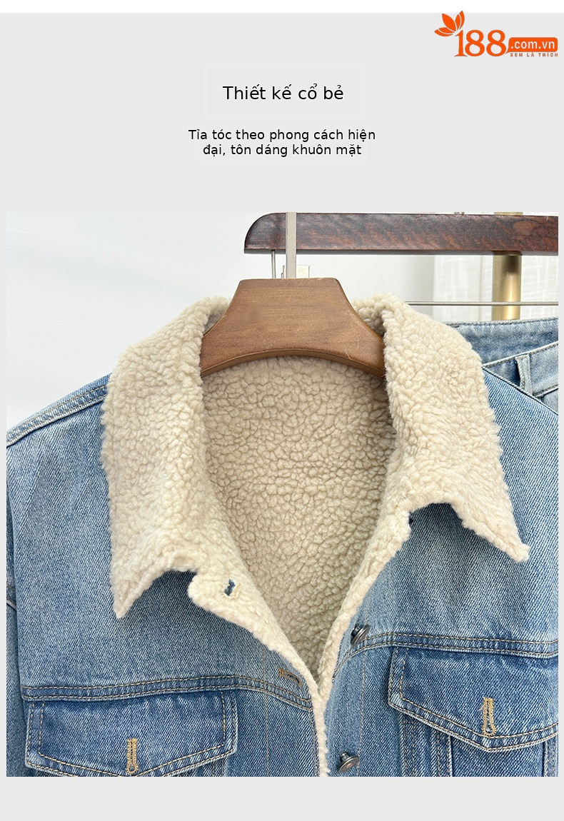Áo khoác denim lót lông cừu dày dáng rộng cho nữ mùa thu đông — màu xanh gradient chi tiết 10