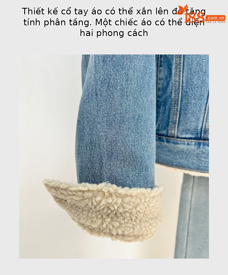 Áo khoác denim lót lông cừu dày dáng rộng cho nữ mùa thu đông — màu xanh gradient chi tiết 11
