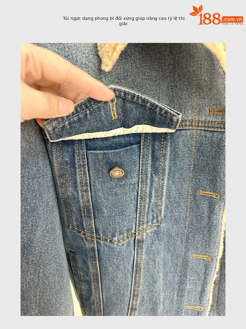 Áo khoác denim lót lông cừu dày dáng rộng cho nữ mùa thu đông — màu xanh gradient chi tiết 12