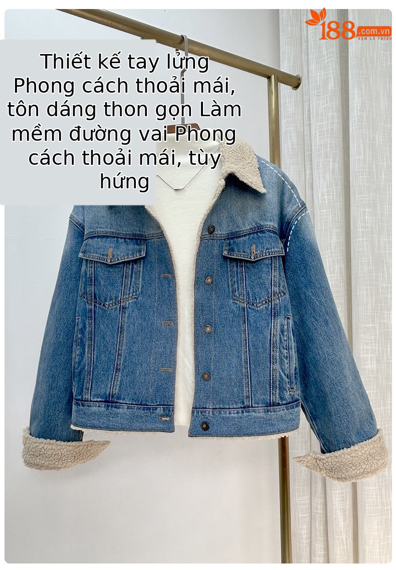 Áo khoác denim lót lông cừu dày dáng rộng cho nữ mùa thu đông — màu xanh gradient chi tiết 14