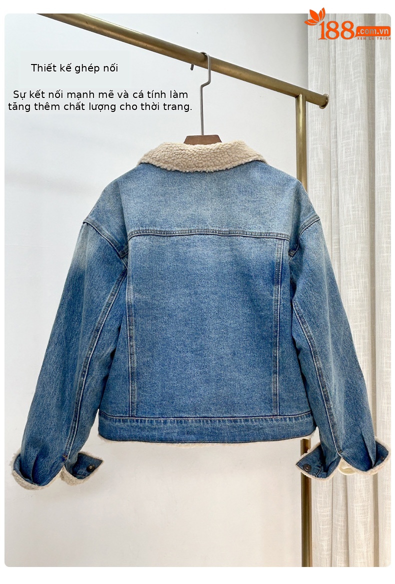 Áo khoác denim lót lông cừu dày dáng rộng cho nữ mùa thu đông — màu xanh gradient chi tiết 15