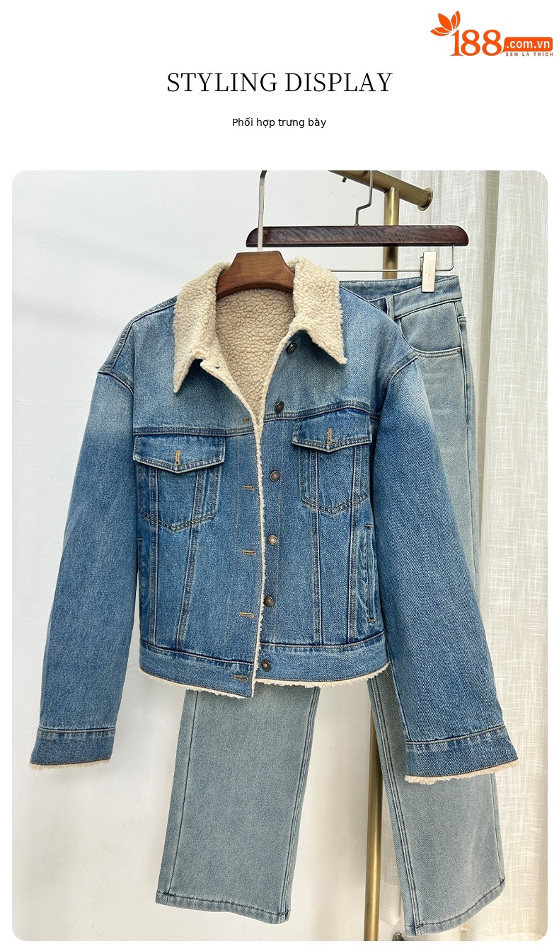Áo khoác denim lót lông cừu dày dáng rộng cho nữ mùa thu đông — màu xanh gradient chi tiết 16