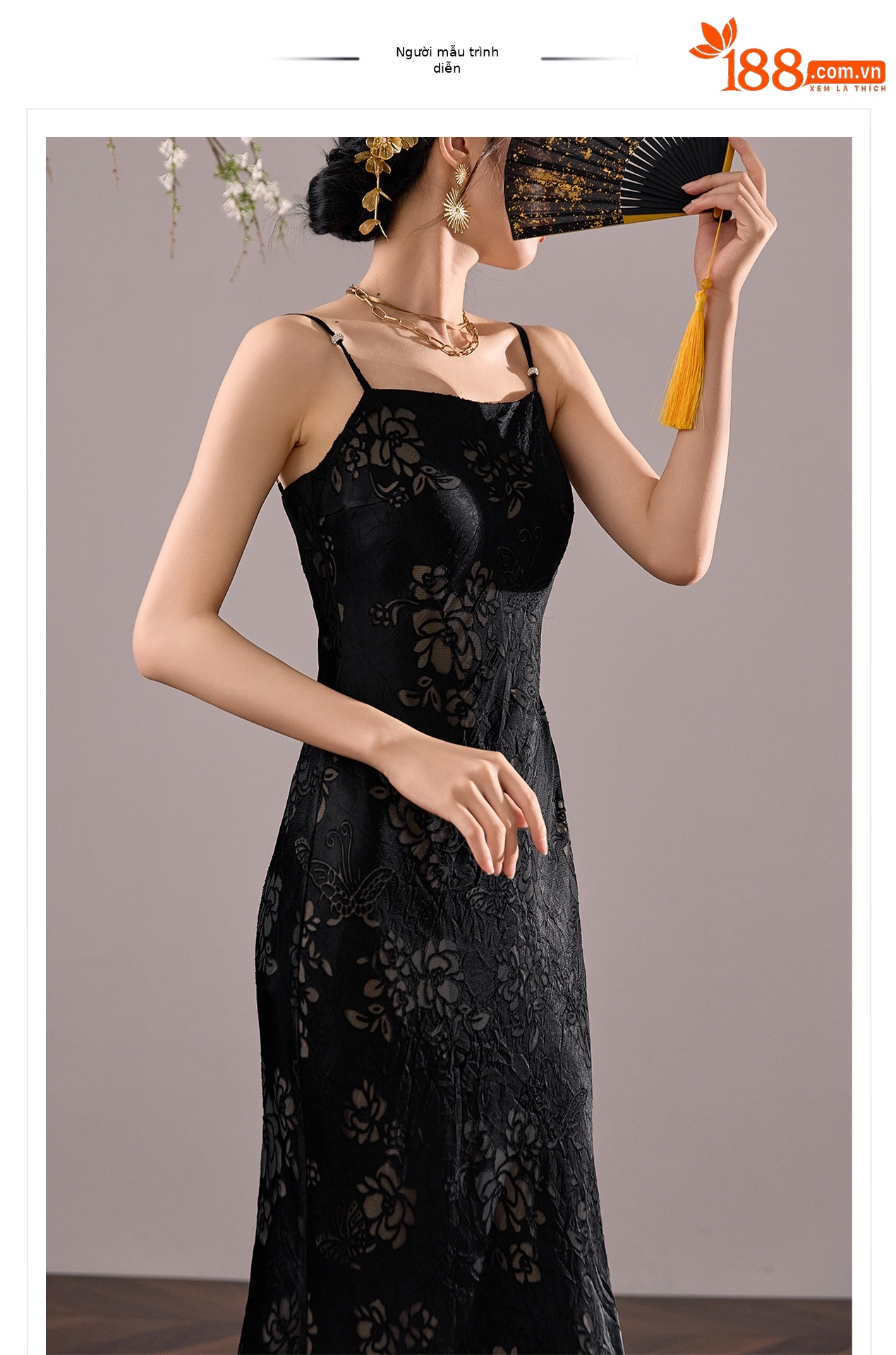 Đầm maxi nữ quốc phong dây mảnh chữ A dáng dài thắt eo — màu đen chi tiết 1