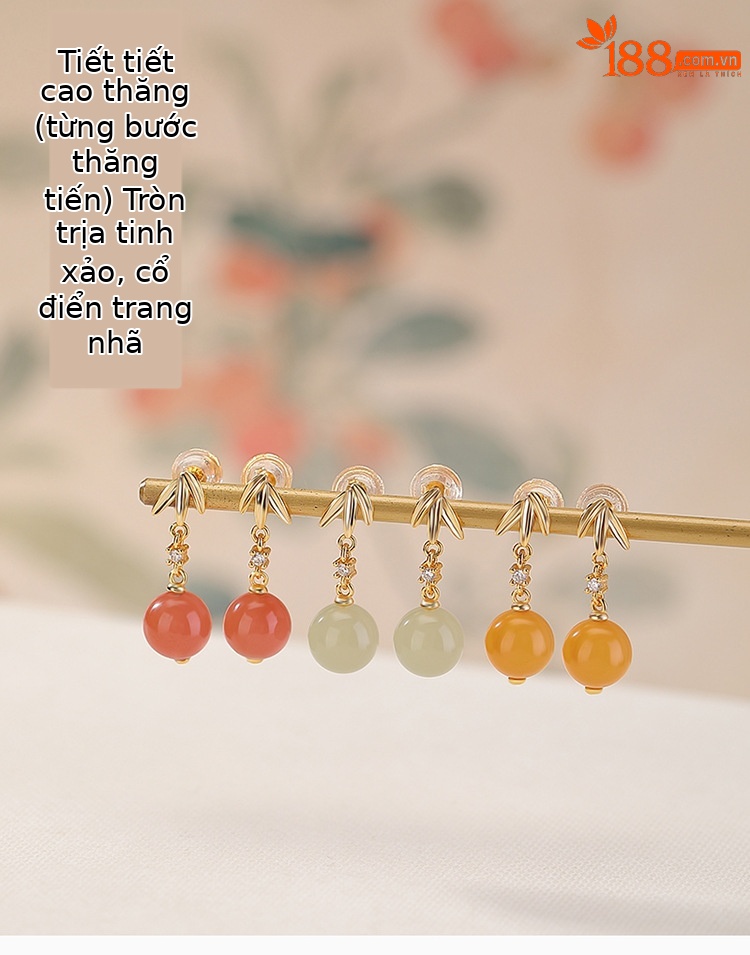 Bông tai nữ bạc S925 mạ vàng đính đá sodalite hình lá tre tròn — Mẫu sapphire chi tiết 1