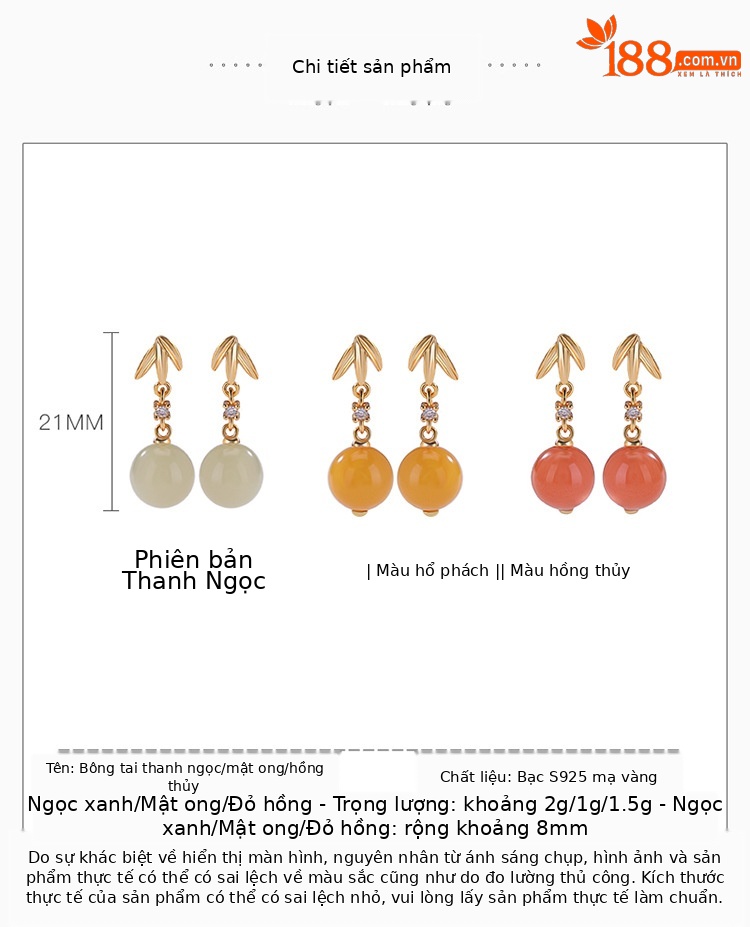 Bông tai nữ bạc S925 mạ vàng đính đá sodalite hình lá tre tròn — Mẫu sapphire chi tiết 2