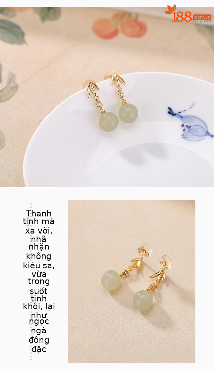 Bông tai nữ bạc S925 mạ vàng đính đá sodalite hình lá tre tròn — Mẫu sapphire chi tiết 3