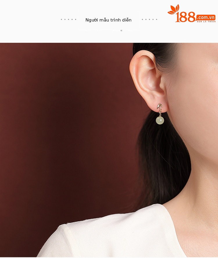 Bông tai nữ bạc S925 mạ vàng đính đá sodalite hình lá tre tròn — Mẫu sapphire chi tiết 6