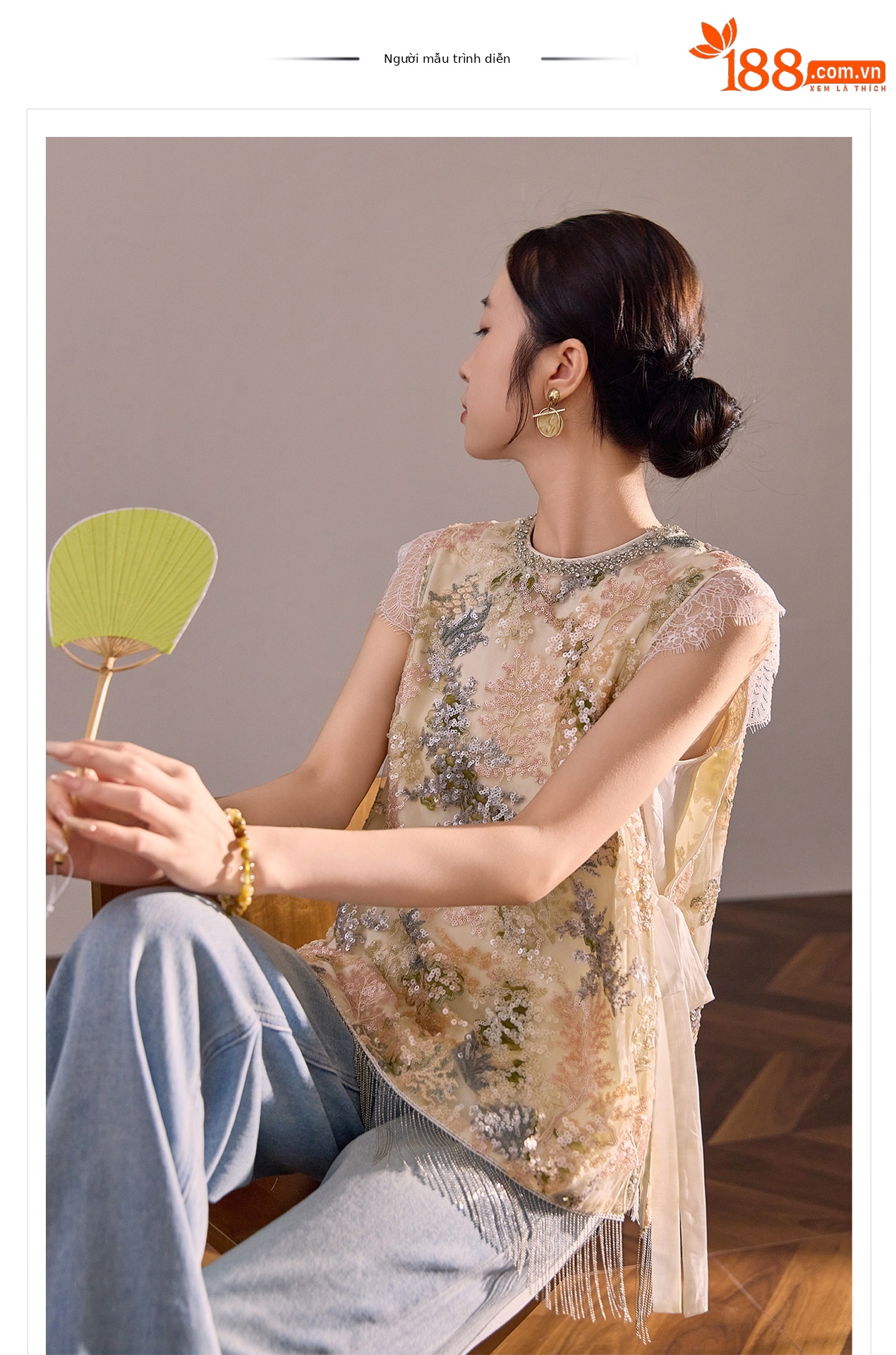 Áo hai dây nữ phong cách Trung Hoa đính tua rua sequin cổ đá N5058 — Màu hồng be chi tiết 1