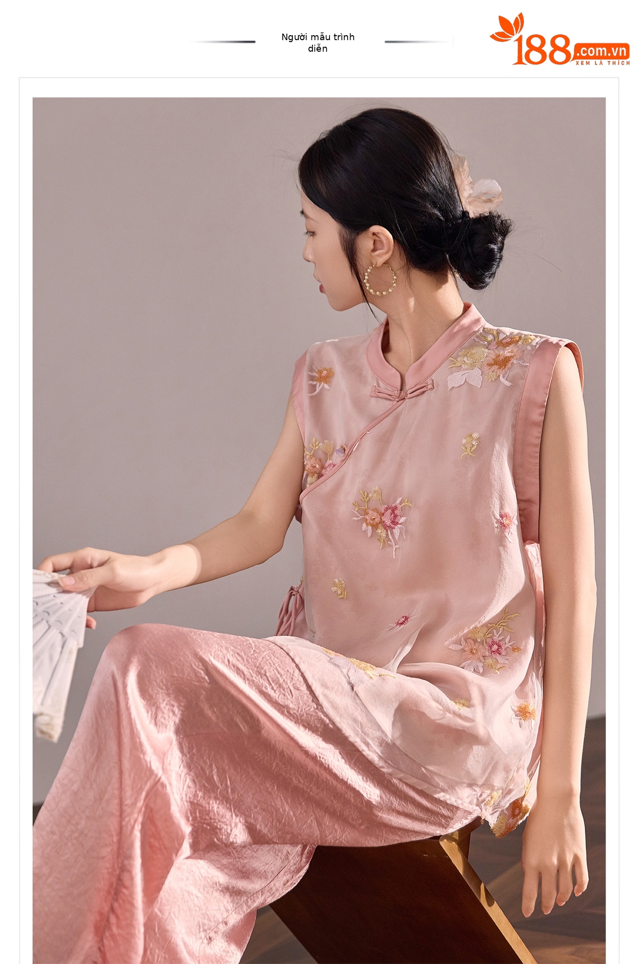 Áo vest lụa tằm thêu hoa phong cách Trung Quốc mới, thiết kế mỏng mùa hè M4007B — màu hồng chi tiết 1