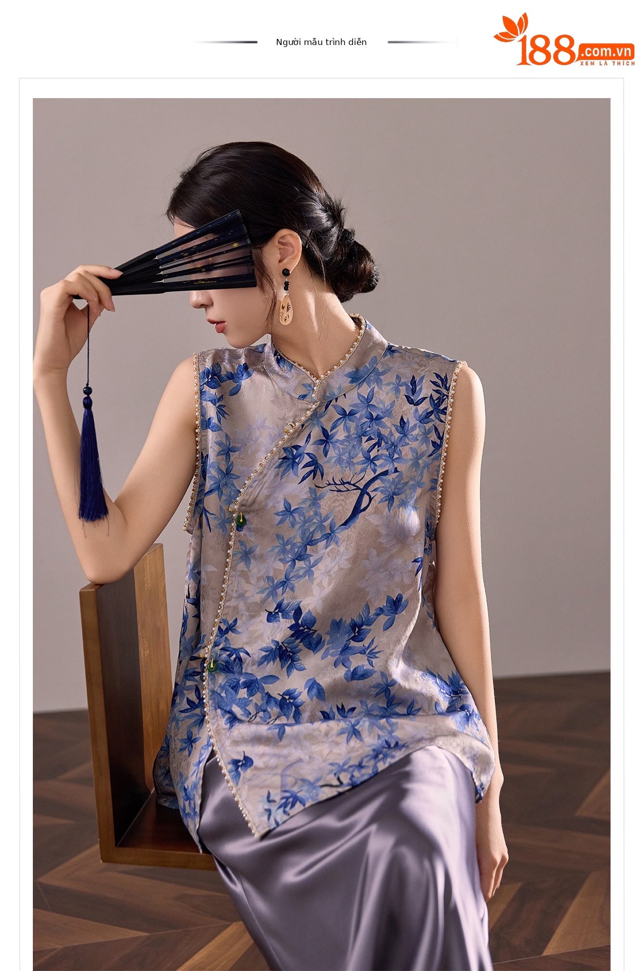 Áo vest gile nữ cổ đứng không tay phong cách cổ điển Trung Hoa, đính chuỗi hạt, mùa hè M8035 — màu xanh chi tiết 1