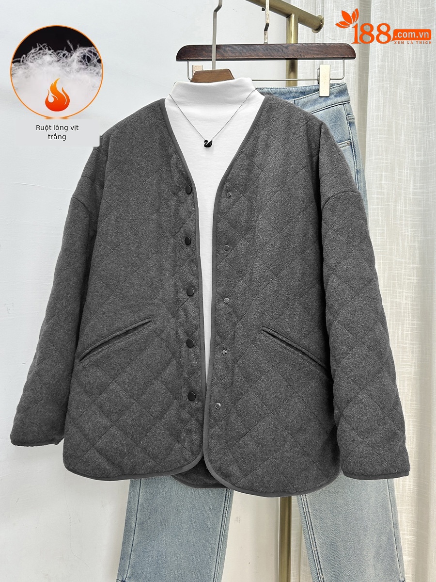 Áo khoác len cardigan nữ lót lông vũ trắng 90% dày dặn mùa đông — mã não màu xám